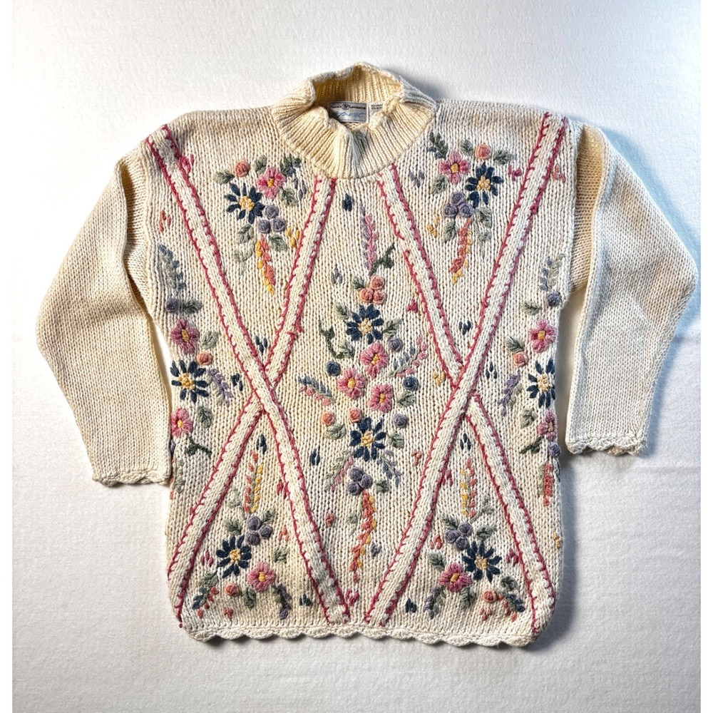 Maggie Lawrence Sport Vintage Floral Embroidered Knit Sweater Cream Large